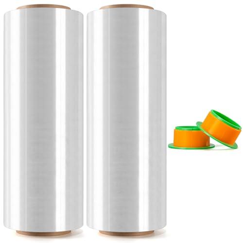 Ealyder Tape 2 Rolls Clear Stretch Wrap 12" x 1000 FT x 80 Gauge, Industrial Heavy Duty Stretch Wrap Shrink Film, Durable Self-Adhering for Packing, Moving, Pallet, Included Wrap Holder