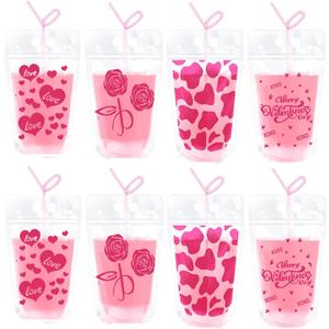 20 Pcs Valentines Day Heart Drink Pouches With Straws Pink Heart Love Rose Flowers Juice Pouches Reusable Clear Plastic Juice Drink Bags for Valentines Wedding Birthday Bachelorette Party Supplies
