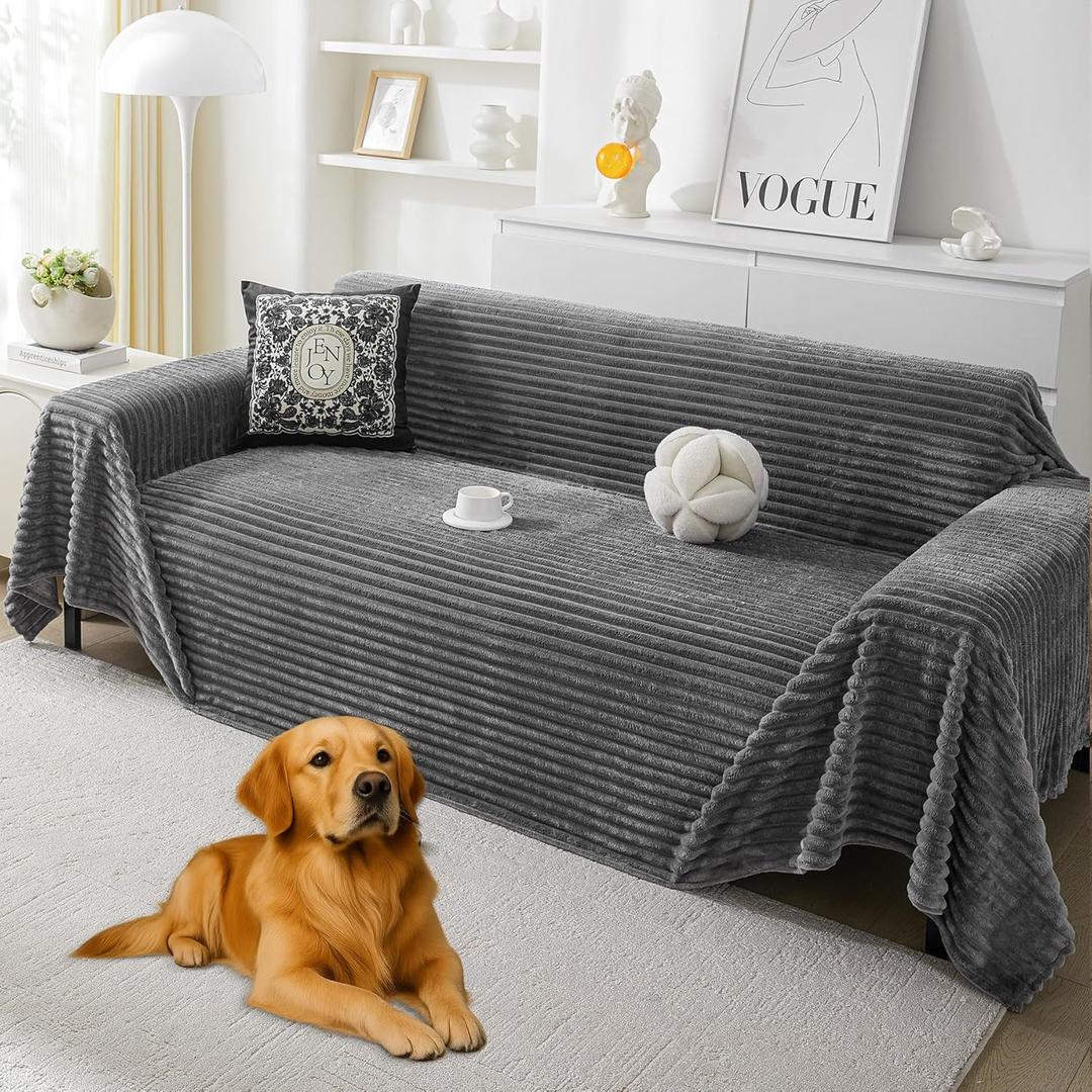 HAOMAIJIA Faux Fur Sofa Covers Couch Covers for 3 Cushion Couch Sofa Pet Friendly Soft Non Slip Couch Cover for Dogs Washable Sectional Couch Covers L Shape Furniture Protector (Grey, 91"x134")