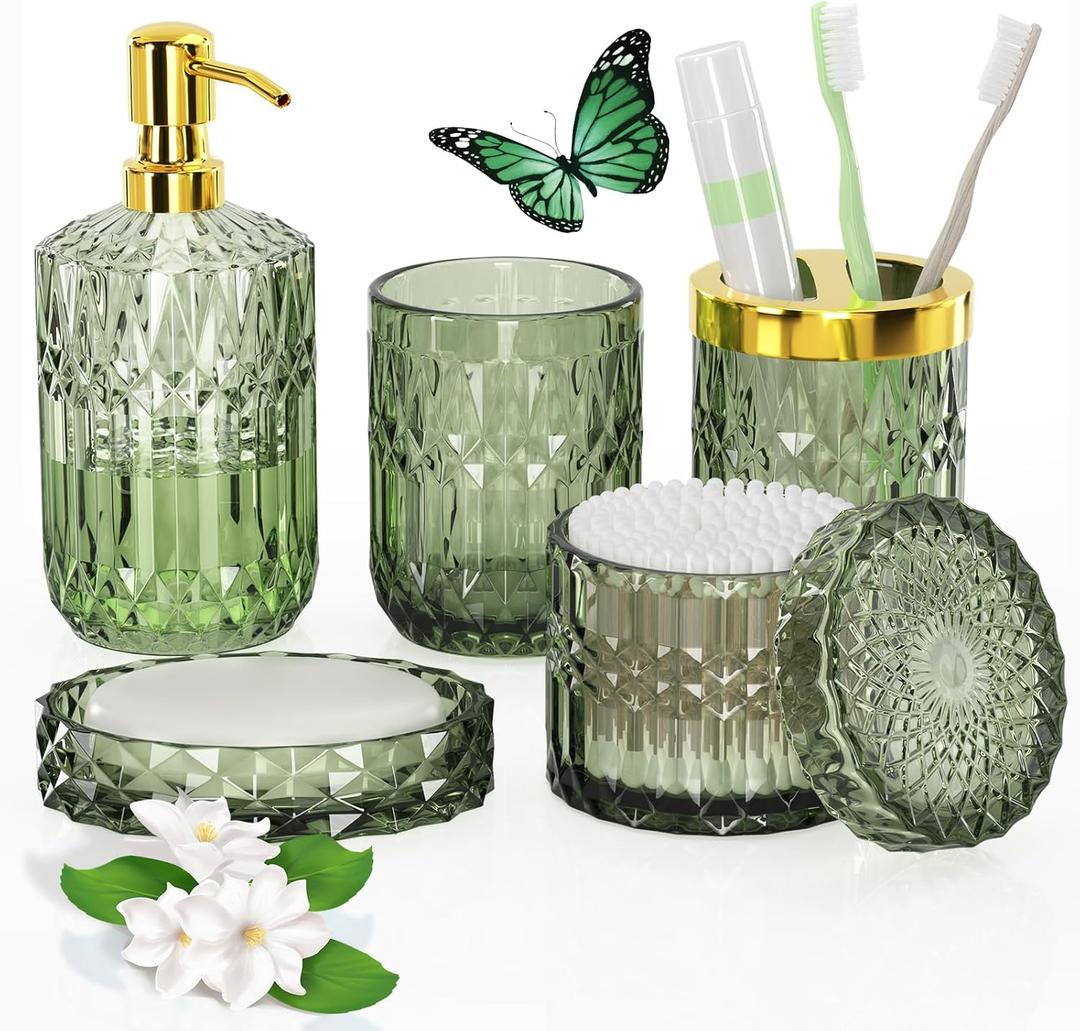 QIQU Green Glass Bathroom Accessories Set 5 Pcs, Green Bathroom Set, Soap Dispenser and Toothbrush Holder Set, Qtip Holder Set, Vintage Bathroom Sink Set, Cute Bathroom Decor