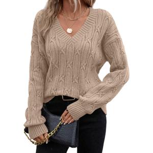 SHEWIN Womens Sweaters Casual V Neck Long Sleeve Cable Knit Crochet Sweater Spring Outfits for Women 2026 (Large, Khaki)