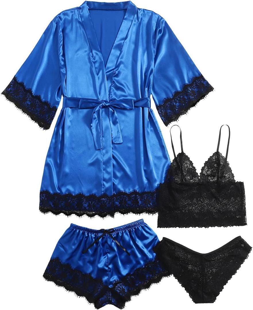 WDIRARA Women' Silk Satin Pajamas Set 4pcs Lingerie Floral Lace Cami Sleepwear with Robe (Large, Royal Blue Black)