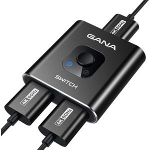HDMI Switch 4k@60hz Splitter, GANA Aluminum Bidirectional HDMI Switcher 2 in 1 Out, Manual HDMI Hub Supports HD Compatible with Xbox PS5/4/3 Blu-Ray Player Fire Stick Roku