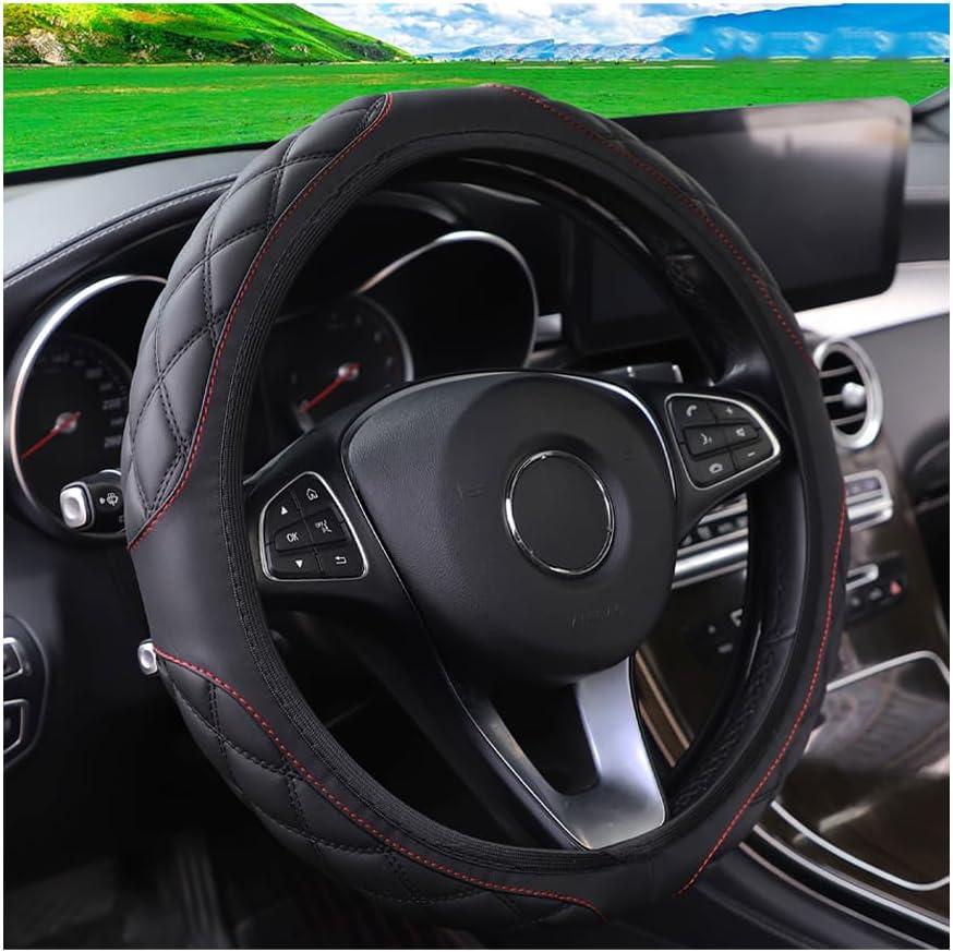 15 Inch Car Leather Steering Wheel Cover, Automotive Accessories Elastic Breathable Anti-Slip Soft Wheel Protector Fits Men and Women, Suitable for SUVs, Trucks, Vehicles and RVs (Black)