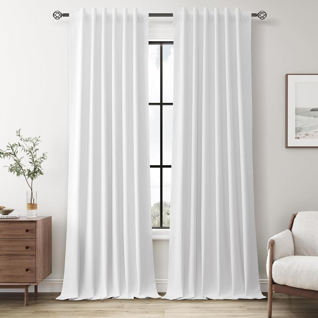 Guken White Linen Blackout Curtains for Bedroom Living 102 Inches 2 Panels Set Back Tab Linen Textured Blackout Thermal Insulated Privacy Curtains for Room Divider Sliding Door Hook Belt 52x102