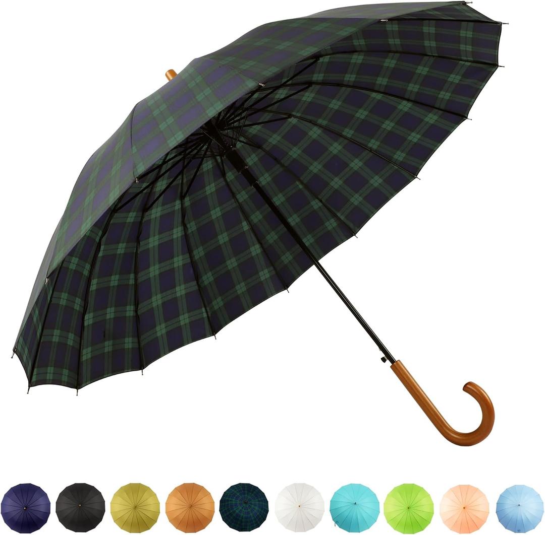 SoulRain 16 Ribs 48" Stick Umbrella Auto Open Solid Color Fashionable and SimpleArc Classic Wood HandleWindproof Unbreakable Stick Rain Umbrella