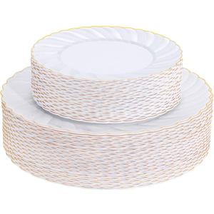 U-QE 60 Pcs White Scalloped Plastic Plates with Gold Trim  Include 30 10.25" Dinner & 30 7.25" Dessert Heavy Duty for Party  Perfect as Wedding Plates, Bridal Showers and Thanksgiving Party