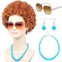 Women Red Orange Costume Wig with Glasses Necklace and Earrings Short Curly Afro Hair Wigs for 70s Romp Cosplay Halloween Party (Orange)