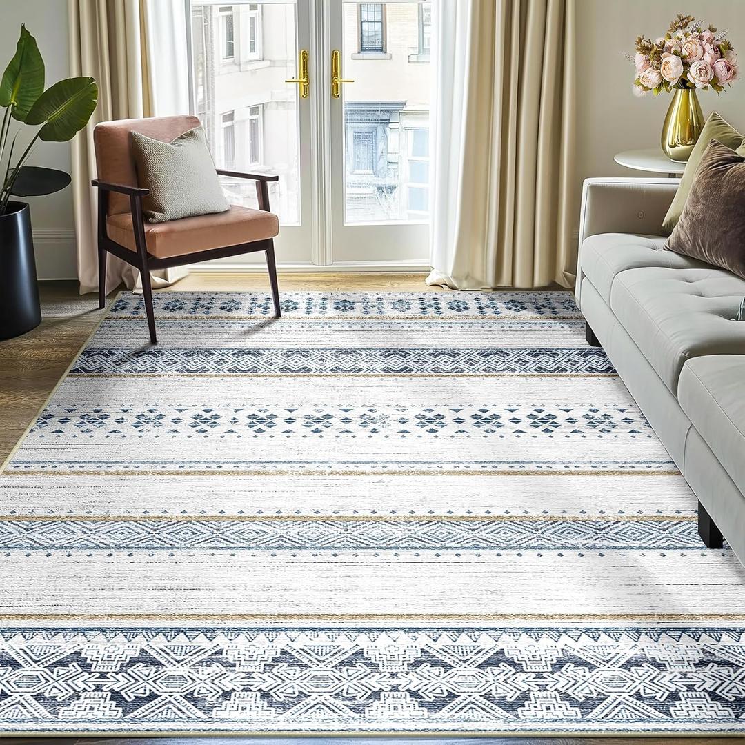 BESTSWEETIE 6x9 Area Rugs for Living Room Washable Moroccan Farmhouse Neutral Geometric Low Pile Non-Slip Soft Print Pattern Rug for Bedroom Kitchen Dining Room Entryway Blue/Brown