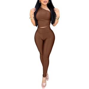 Ekaliy 2 Piece Outfits for Women Sexy One Shoulder Crop Top Bodycon Pants Set Clubwear (Brown, L)