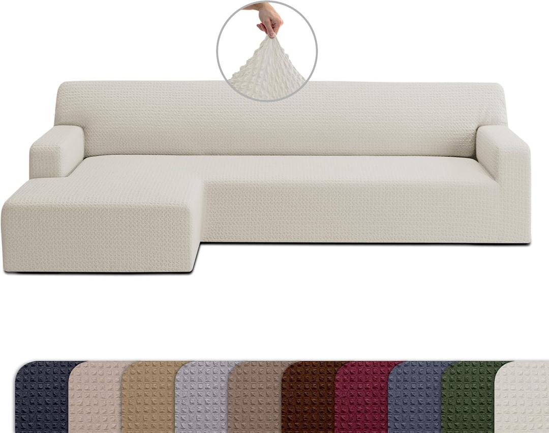 COVER QUEEN Sectional Couch Cover for L-Shaped Chaise Sofa, 1-Piece Washable Furniture Protector, Super Stretch Fabric, Pet Friendly for Dogs and Cats, Gallant, Ivory, Left-Facing Chaise