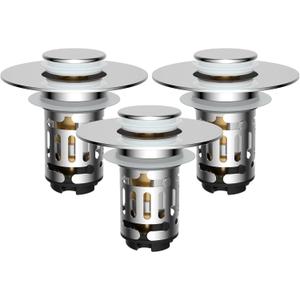 Hibbent 3 Pack Upgraded 3 in 1 Bathroom Sink Drain Strainer, Universal Pop Up Stopper with Removable Stainless Steel Filter Basket Hair Catcher, Sink Plug for 1.1''~2.36'' Basin, Brass Core, Chrome