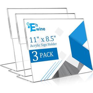 EHWINE 3 Pack 8.5 x 11 Acrylic Sign Holder Horizontal, Clear Plastic Signs Display Stand, Slanted Back Paper Holder Stand up Table Top Sign Holders Flyer Stand Frames for Office Business Store