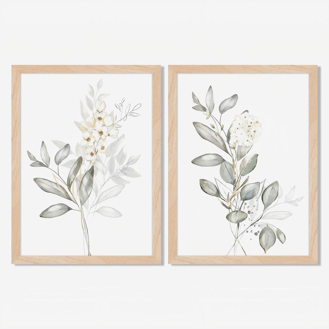 Framed Nature Botanical Wall Art Set of 2, White Floral with Green Eucalyptus Leaves Canvas Prints, Modern Minimalist Flower Painting Picture For Kitchen, Bedroom, Dining Room,Bathroom Decor, 8x10IN, White Floral Framed, 10"L x 8"W