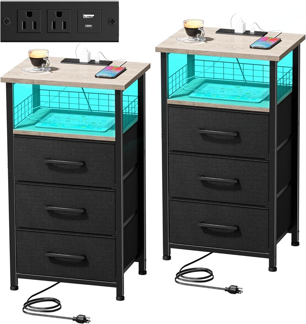 Night Stand Set 2 with Charging Station, End Table Set of 2 with 20 Colors LED Light Strip, 3 Fabric Drawers, Bedside Table with USB Ports and Outlets for Bedroom (Grey)