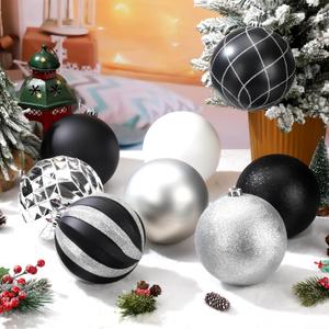Wettarn 8 pcs White and Black 6 Inch Large Christmas Ball Ornaments Glitter Hanging Christmas Plastic Balls Indoor and Outdoor Hanging Christmas Tree Decorations for Yard Lawn Party Garden