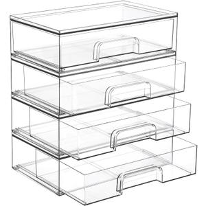 12.1''W Clear Stackable Storage Drawers, 4 Pack Acrylic Plastic Organizers Bins for Makeup Palettes, Cosmetics, and Beauty Supplies, Ideal for Vanity, Bathroom, Cabinet, Desk Organization