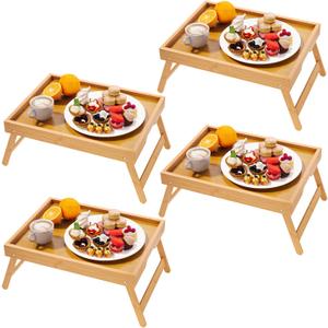 4 Pack Bamboo Bed Tray Table with Folding Legs,Breakfast Trays,Serving Tray for Food and Snack,Laptop Trays for Working(Natural)