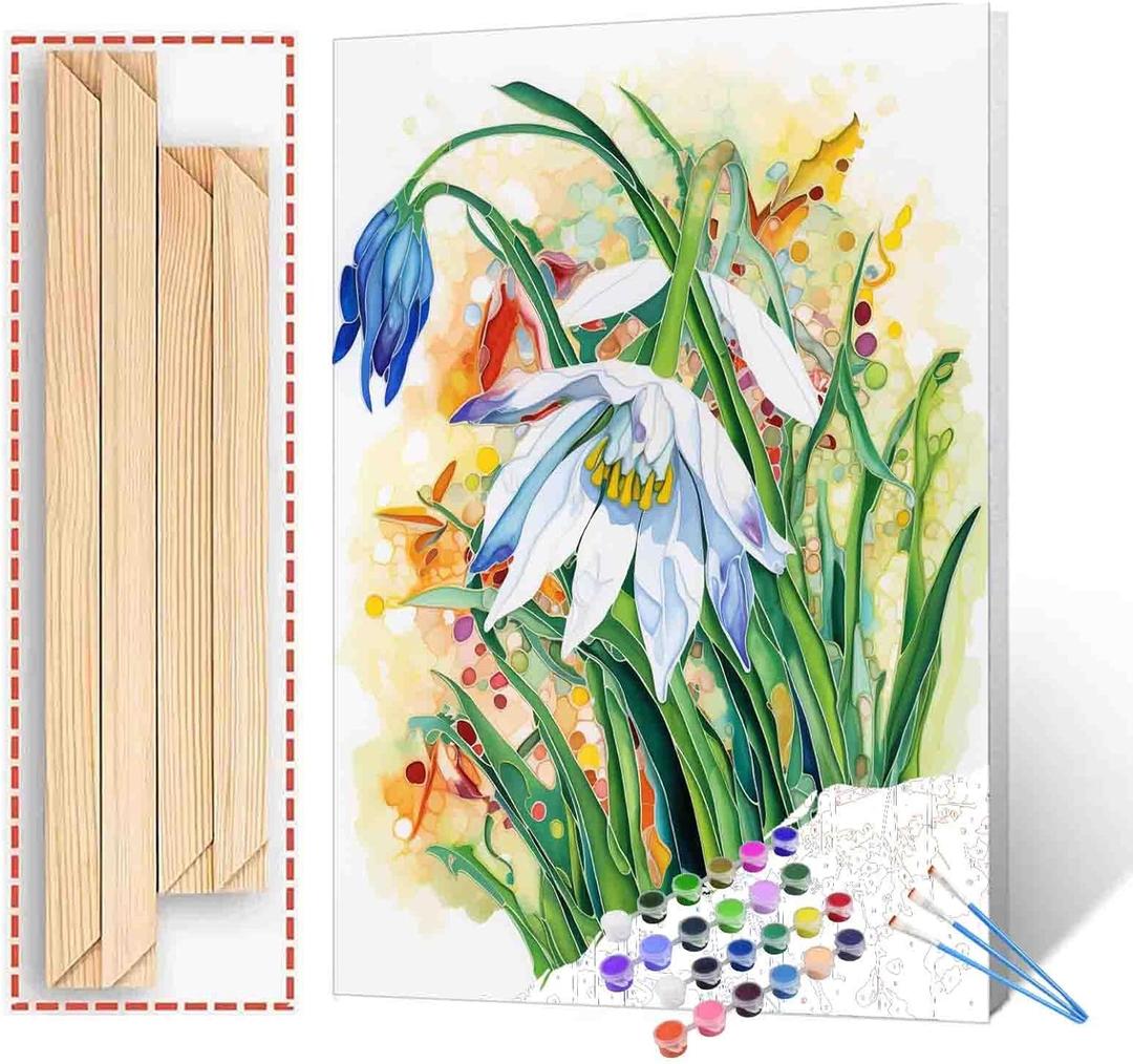 Aihonmin White Floral Paint by Number for Adults Oil Painting for Kids,Paint by Number Green Leaf Paint by Numbers Abstract Paint by Number Kits Graffiti Paint by Numbers for Beginner（DIY Frame）