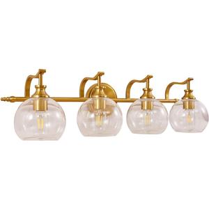 ANDY STAR Brass Vanity Light, Gold Bathroom Light Fixtures 4 Lights, 27.8 Inch Vintage Bathroom Sconces, Brushed Brass Vanity Lighting with Globe Clear Glass Shade, E26 Base (Bulbs Not Included)