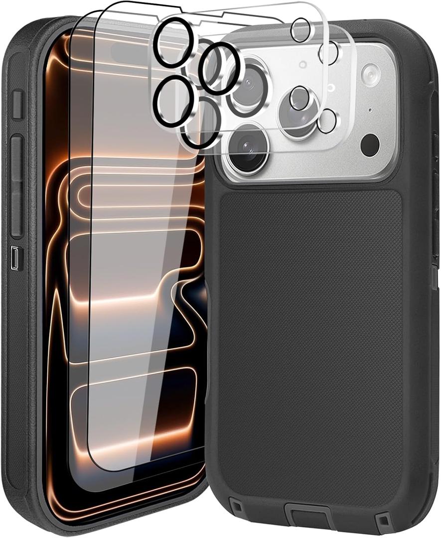 for iPhone 17 Pro Case (6.3"), with 2 Tempered Glass Screen Protector [Heavy Duty Military-Grade Full Body Drop Protection] Shockproof Tough Durable 6.3 InchBlack+Lens