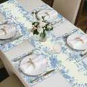 5PCS Blue and White Table Runner & Placemats,Blue Chinoiserie Floral Table Runner 13''x72 with 4 Matching Placemats Machine Washable for Home Party Dining Table Decor Set