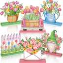 Barydat 6 Pcs Spring Wooden Table Decor Farmhouse Wood Signs Gnome Floral Truck Wooden Plaque for Party Hello Spring Table Centerpiece Decor for Home Kitchen(Flower)