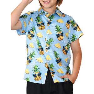 Boys' Hawaiian Shirts Short Sleeve, Tropical Button-Down Shirts for Youth Kids 5-14 Years Summer Vacation Beach Swim (Blue, M)