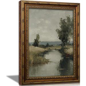 KKP Vintage Gold Framed River Wall Art, Retro Rural River Canvas Print, Mood Landscape Painting Picture, Rustic Lake Home Wall Decor for Living Room Bedroom Hallway Study Home Decoration 16x24 Inch