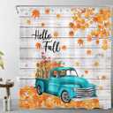 LB Hello Fall Shower Curtain Vintage Blue Truck Pumpkin Sunflower Autumn Maple Leaves Rustic Wood Plank Thanksgiving Harvest Shower Curtains for Bathroom Set Decor with Hooks 72x72 inch Fabric (Multi Color)