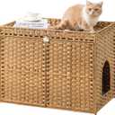 Cat Litter Box Enclosure Furniture, Handwoven Rattan Hidden Litter Box with Mat, Large Space Cat House with 2 S-Shaped Hooks 30.3 x 18.3 x 24.4 Inches, Indoor for Living Room Apartment Natural