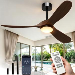 52 Inch Wooden Ceiling Fans with Lights and Smart Control, Walnut