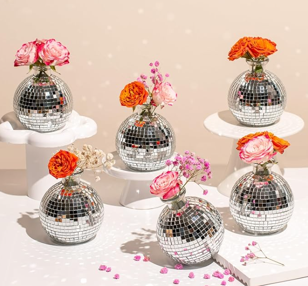 Disco Ball Vase for Centerpieces Disco Ball Planter for Flowers Silver Mirror Glass Disco Ball Decor for Table, Party, Wedding, Birthday, Home, or Bedroom(3.5" X 4") 4pcs
