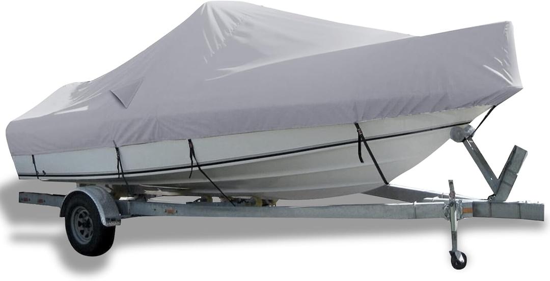 Boat Cover 17-19ft, Waterproof Heavy Duty Marine Grade Oxford Cloth, Weather Resistant Windproof Fits V-Hull, Tri-Hull, Runabout Boat, Bass Boat, 17-19ft Long by 96in Wide, Light Grey (S4: 17'-19'L/96"W, Light Grey)