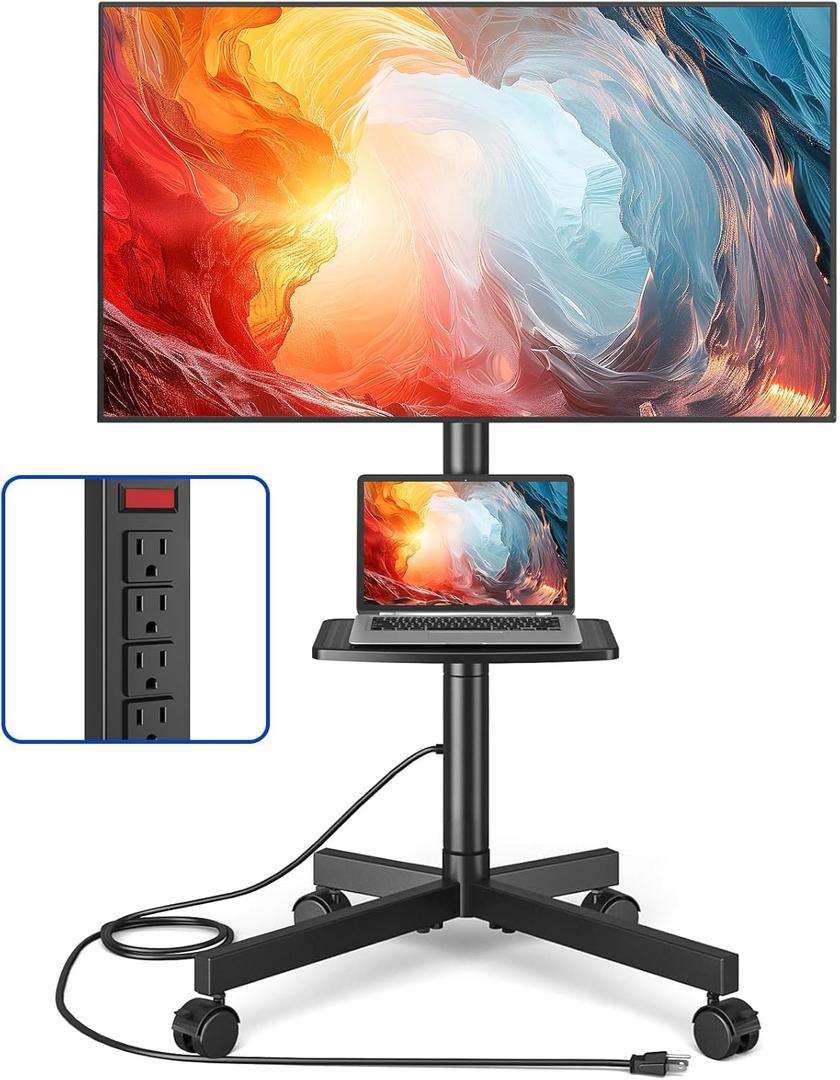 Rolling TV Stand with Power Outlet, Mobile TV Carts for 23-55 60 Inch TVs Curved/Flat Screen up to 88 lbs,Tilt Height Adjustable Portable TV Stand with wheels for Home Office,Max VESA 400x400mm