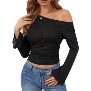 SOFIA'S CHOICE Women's Sexy Off Shoulder Long Sleeve Crop Tops Boat Neck Loose Asymmetrical Tops Black Medium