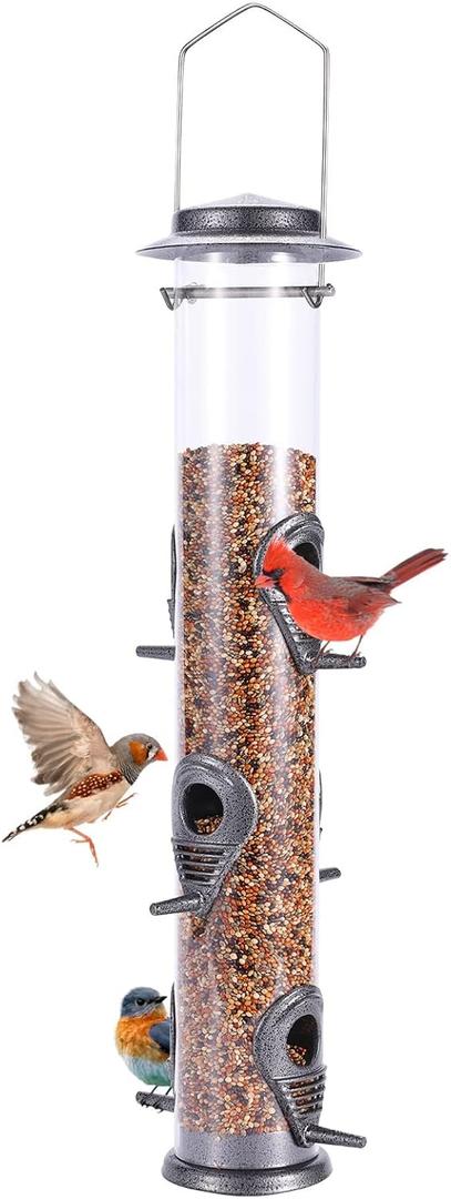 MIXXIDEA Metal Wild Bird Feeder, Squirrel Proof, Hanging 6 Port Tube Transparent Finch Feeder for Attracting Birds in Lawn, Garden, Balcony - Gray MIXXIDEA Metal Wild Bird Feeder, Squirrel Proof, Hanging 6 Port Tube Transparent Finch Feeder for Attracting Birds in Lawn, Garden, Balcony - Gray