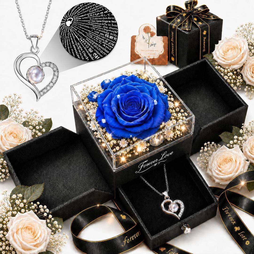 Forever Love Preserved Real Rose with Heart Necklace, Mothers Day Gifts for Mom, Wife, Anniversary Birthday Gifts for Women Projects I Love You in 100 Languages