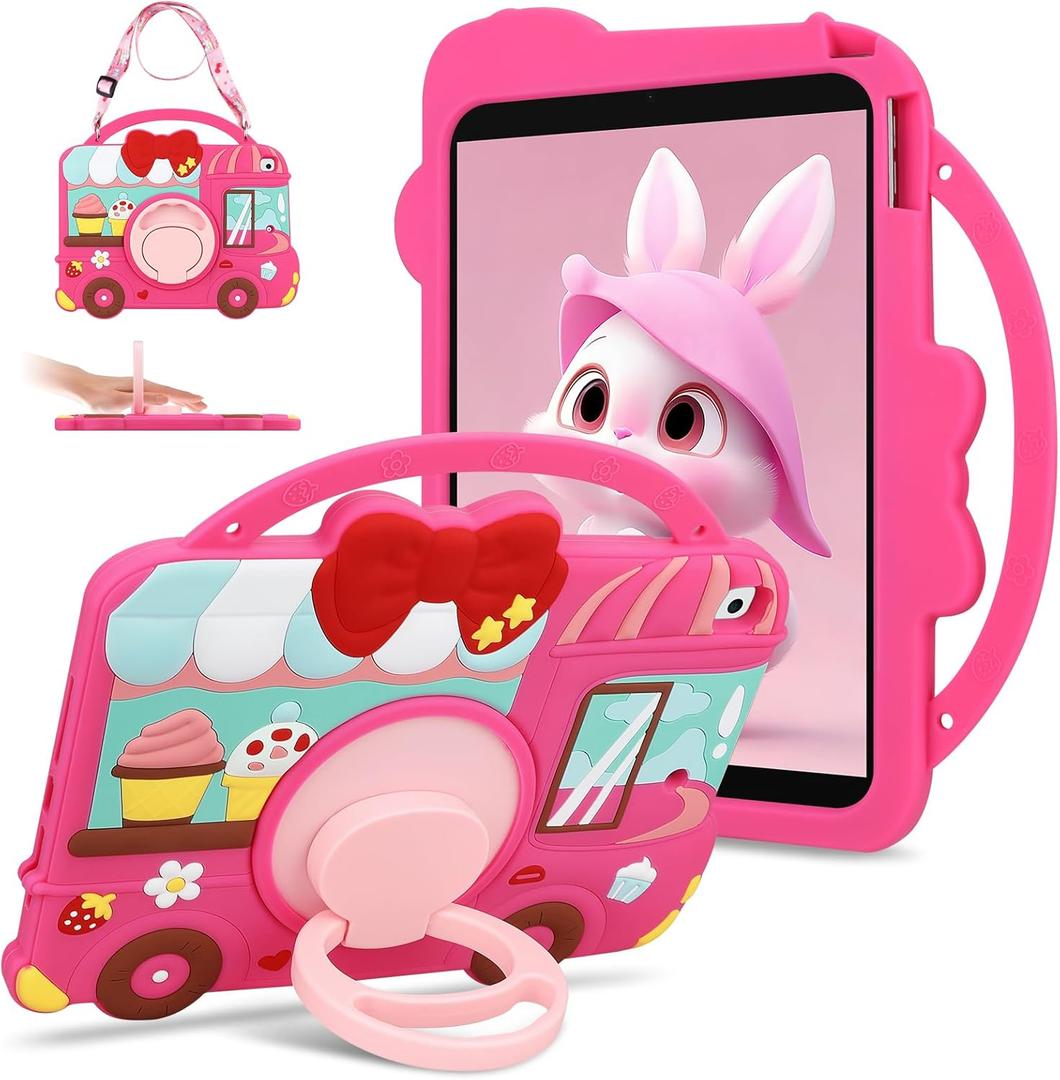 for iPad 9th Generation Case 8th Generation 7th Generation 2021 2020 2019 for Kids Girls with iPad Shoulder Strap Pink Dessert Cart Cute Silicone Protective 10.2 inch iPad Case 9th 8th 7th Gen Cover
