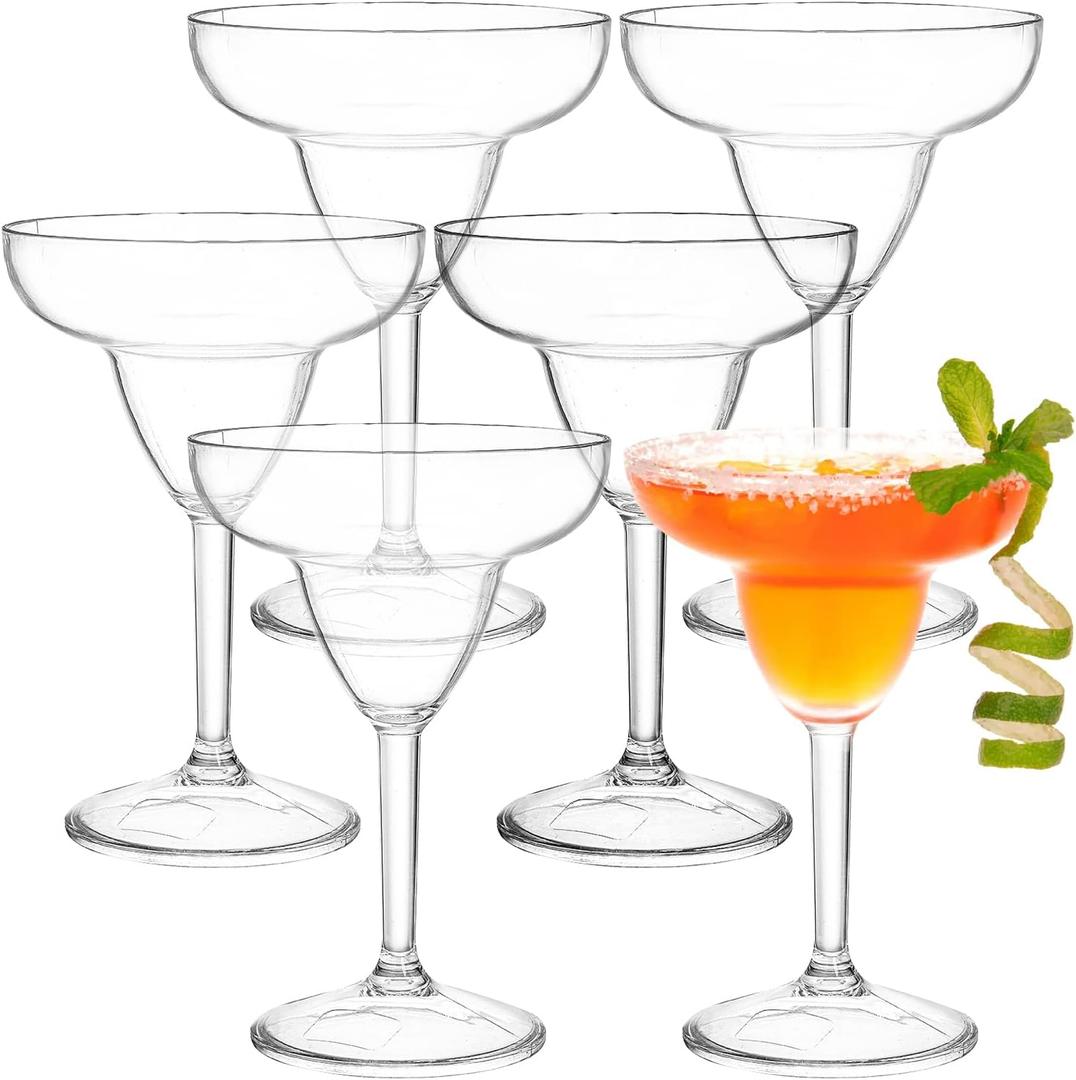 Suwimut Set of 6 Plastic Margarita Glasses, 12 oz Unbreakable Martini Cocktail Glasses with Stem, Reusable, BPA-Free, Shatter-Proof for Bar, Whiskey, Tequila, Poolside, Outdoors, Camping, Clear