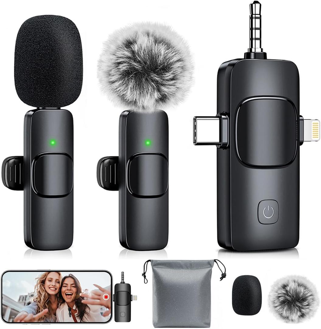 MENERESAS 3-in-1 Mini Microphone for iPhone: Wireless Lavalier Microphones for iOS/Android/Camera - Noise Reduction Lapel Mic, Clip on Mic for Video Recording Vlog, YouTube (Abyssal black)