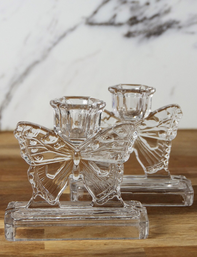 Pair Vintage Butterfly Candle Stick Holders Clear Pressed Glass Pattern Art Deco Bagley 3003, 3 Pieces
