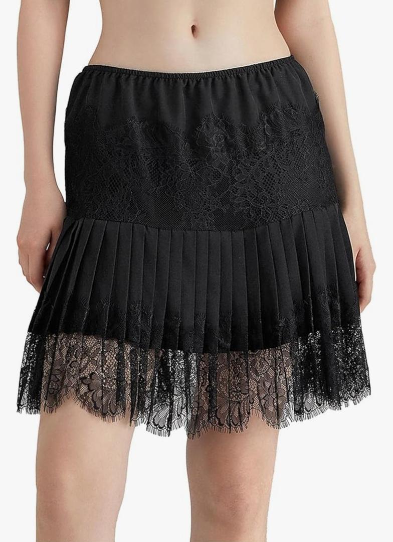 Women Lace Skirt Ruffle Mini Skirt Half Slip Layered Pleated Flowy Skirt, L, Color: A Black