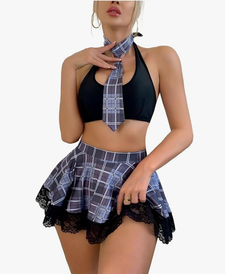 Lingerie Sets for Women Sexy Costume Outfit Halter Crop Top And Lace Trim Plaid Skirt Set, M