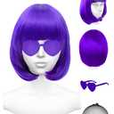 Purple Wig and Party Sunglasses, 12 Inch Dark Purple Bob Wigs for Women, Neon Glasses Short Wigs for Women - Bachelorette Party Wigs Decorations Favors (Purple)
