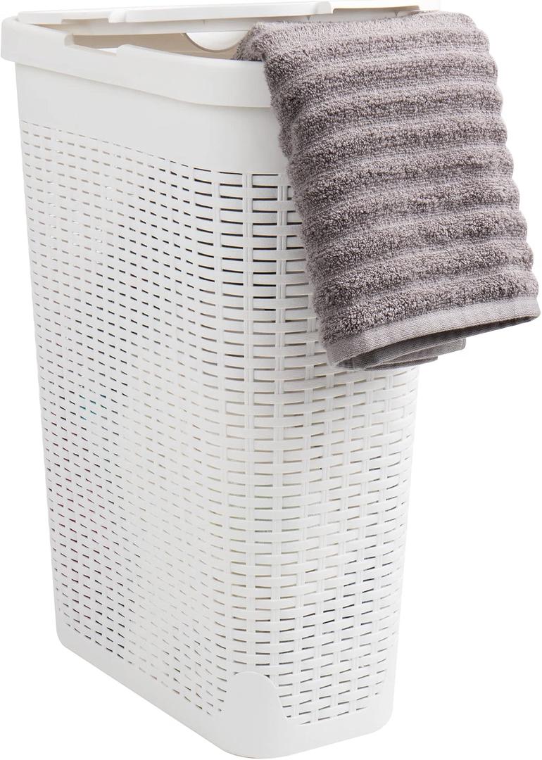 Mind Reader Slim Laundry Hamper with Lid, 40L Clothes Basket, Premium Wicker Design, Plastic, Set of 2, White
