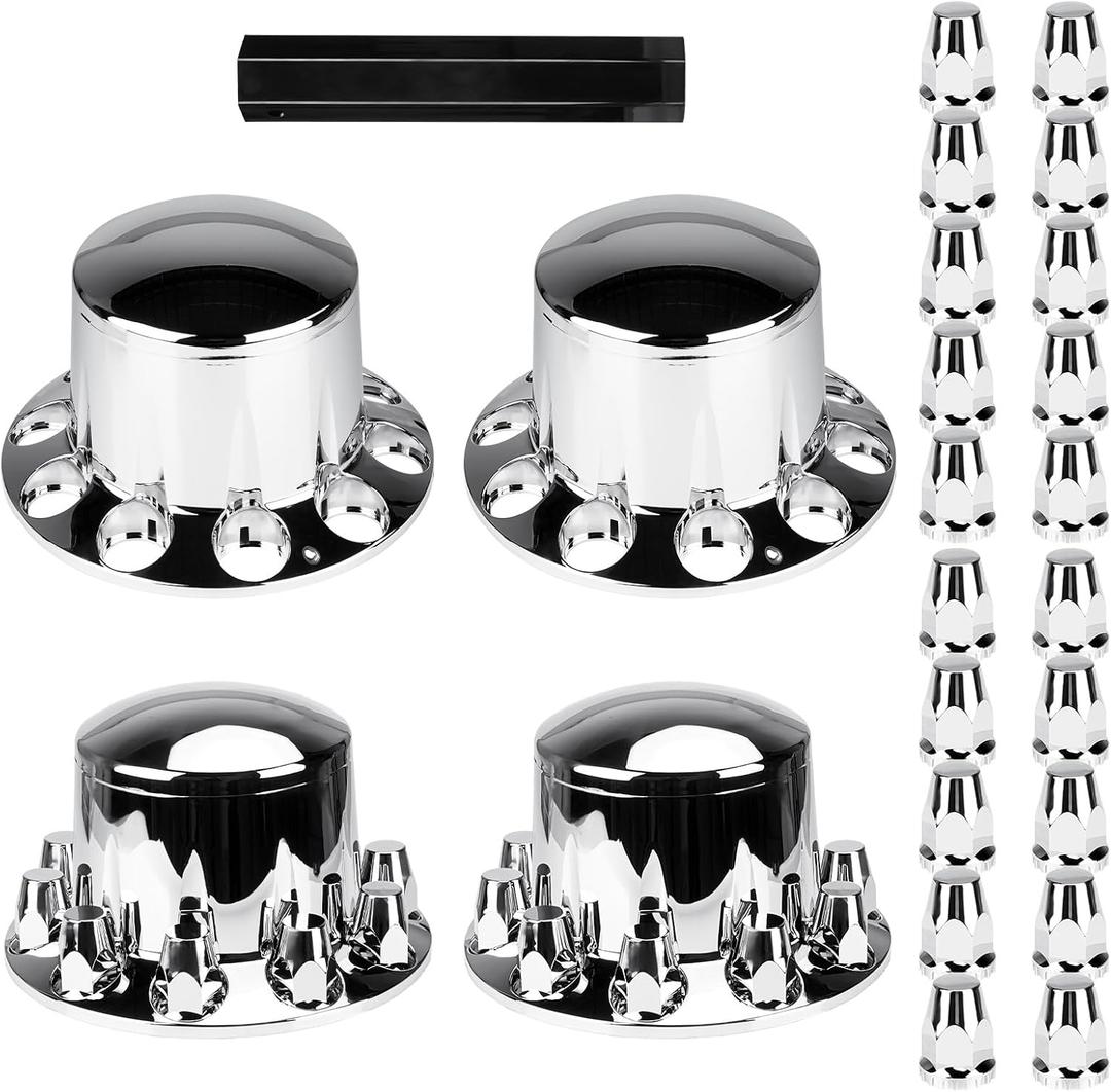 Aeagle Dome Rear Axle Cover Combo Kits for Semi Truck Hubs w/Screw-On 33mm Lug Nut, ABS Plastic Chrome Plated, 10 Hole Removable Caps, 4Pcs