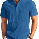 COOFANDY Men Casual Henley Tee Shirt Short Sleeve Band Collar Summer Beach Textured T-Shirt (XX-Large, Dark Blue)