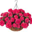 INSPRING Geraniums Artificial Flowers Hanging Basket for Outdoors Outside Spring Decoration, 8 Bundles Silk Flowers Fake Plants Look Real UV Resistant for Porch Home Patio Balcony Yard, Hotpink