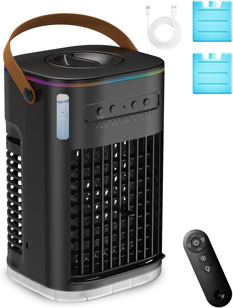 Small Air Conditioner Portable Ac Unit, Evaporative Air Cooler With 2Ice Packs & 1.2L Water Tank, Personal Air Cooler with Remote, Powered by USB, Mini Room Air Conditioner for Car